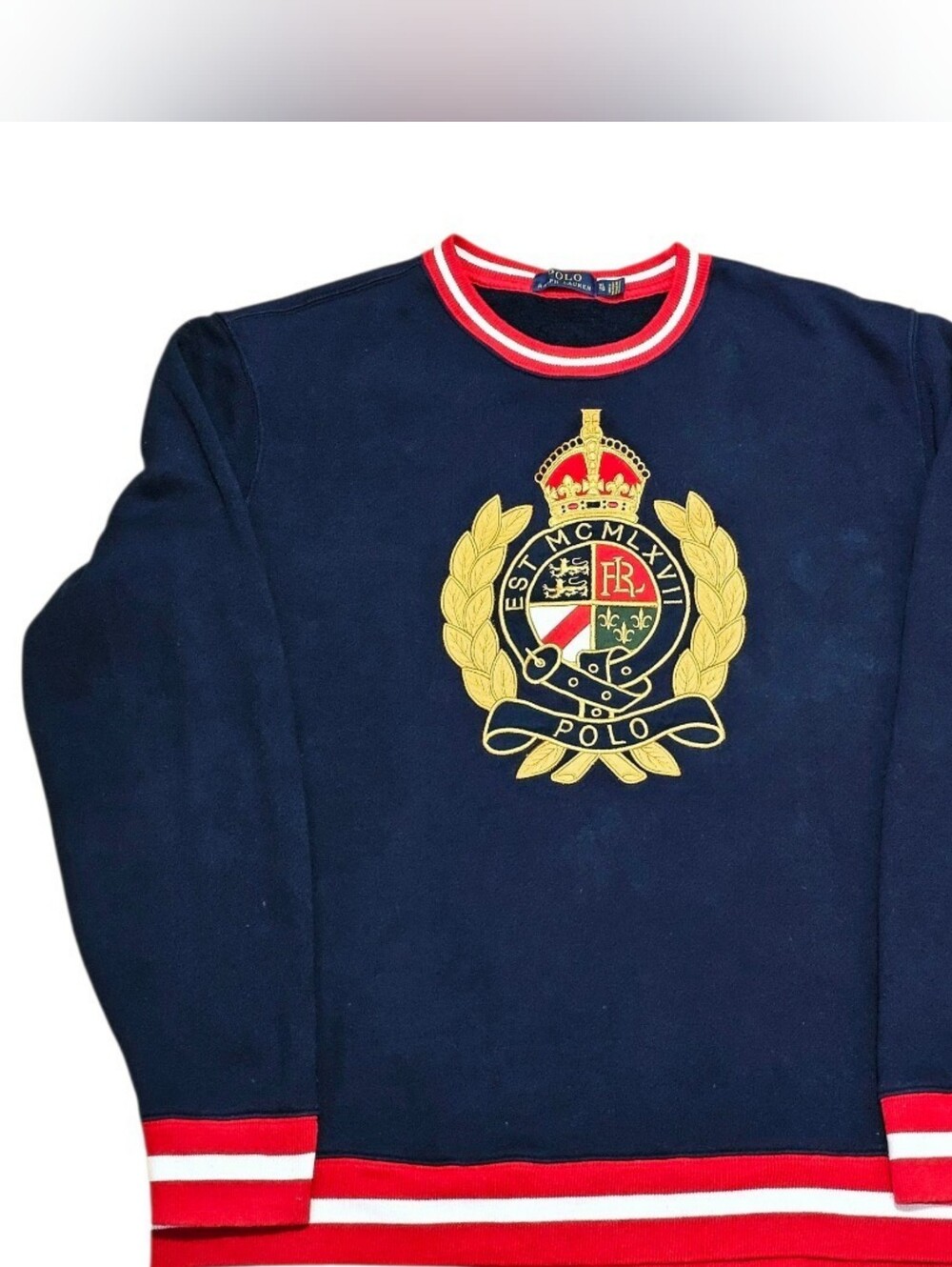 Ralph Lauren Navy Crewneck Sweater with Gold Crest and Red-White Trim